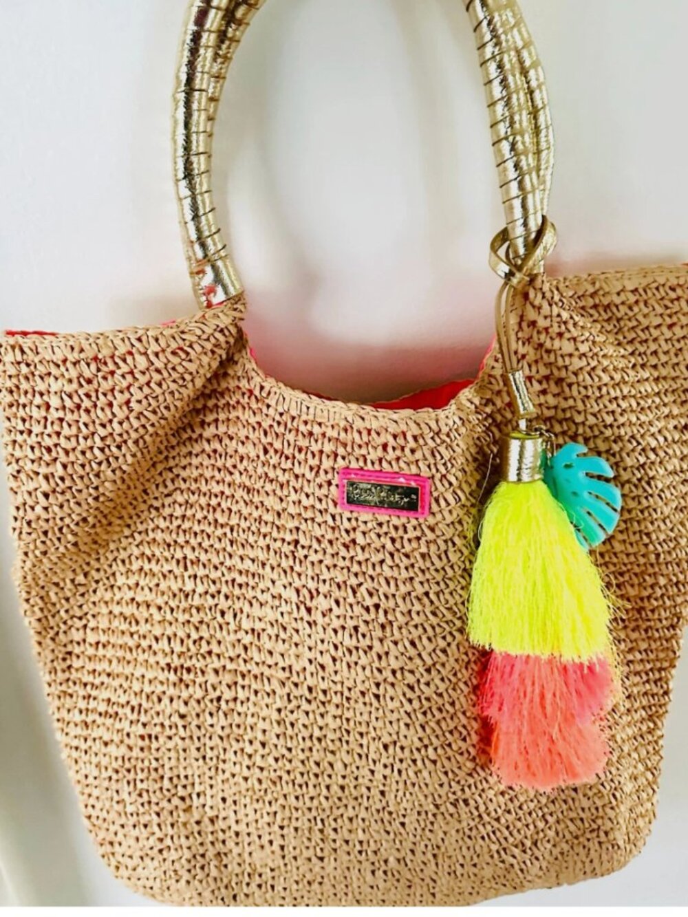Lilly Pulitzer Straw Tote Handbag NIP Neon Tassel Charm - Picture 3 of 6